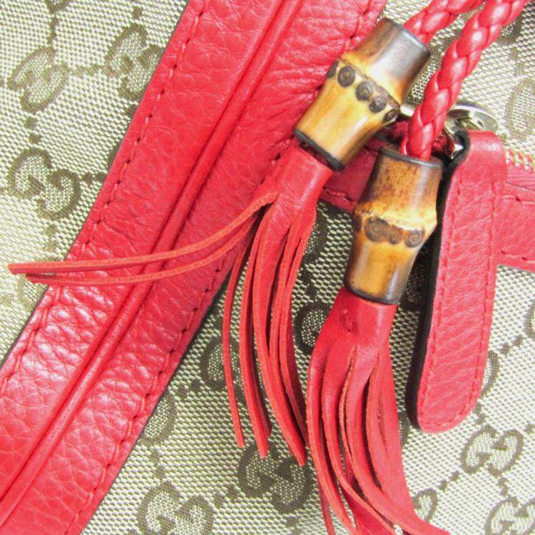 Pre Owned Gucci Beige and Red GG Canvas Leather Shoulder Bag