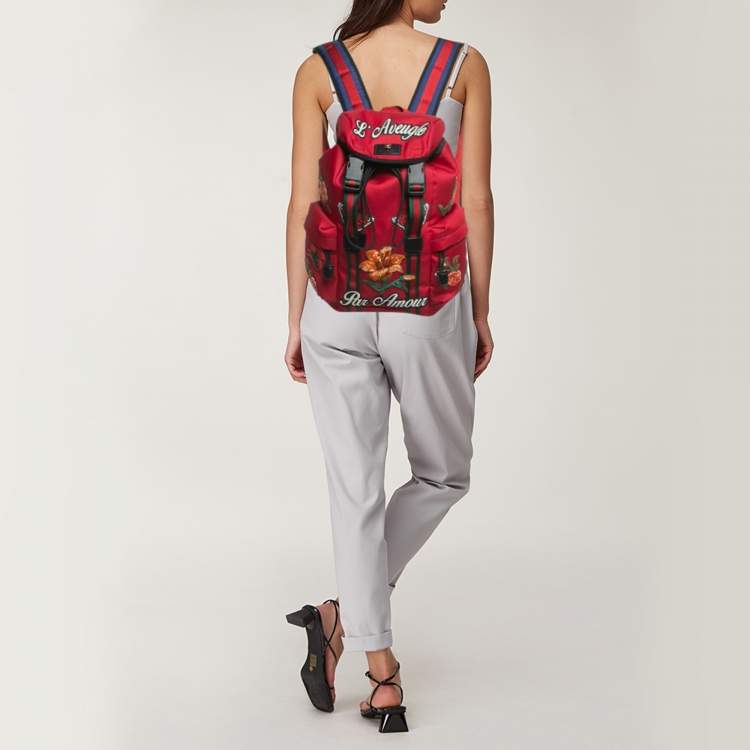 Pre Owned Gucci Red Nylon Web L'Aveugle Par Amour Embroidered Backpack 