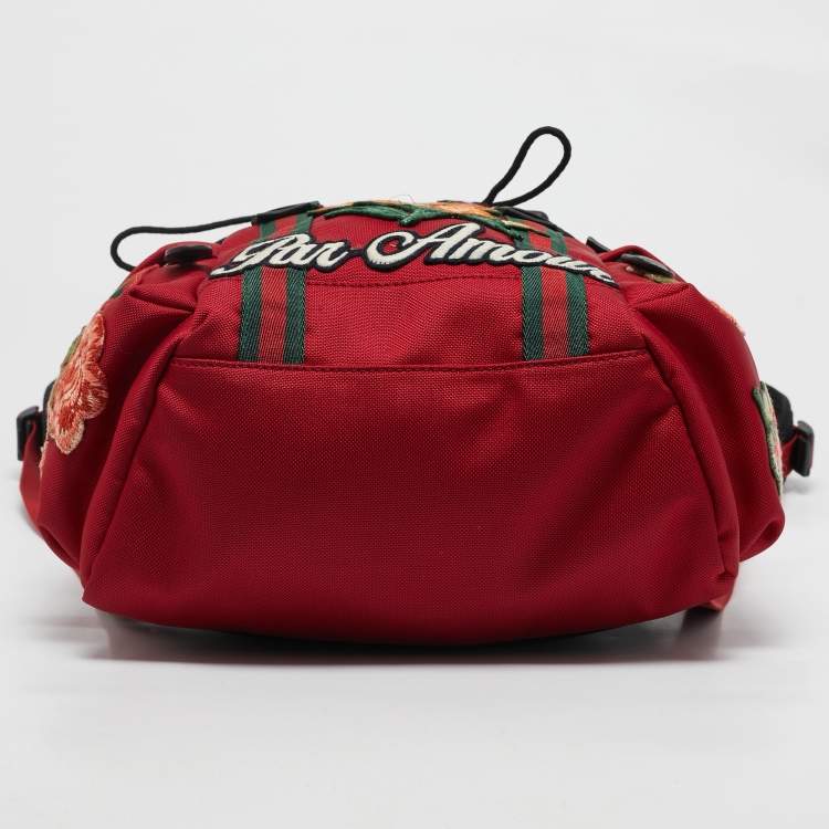 Pre Owned Gucci Red Nylon Web L'Aveugle Par Amour Embroidered Backpack 