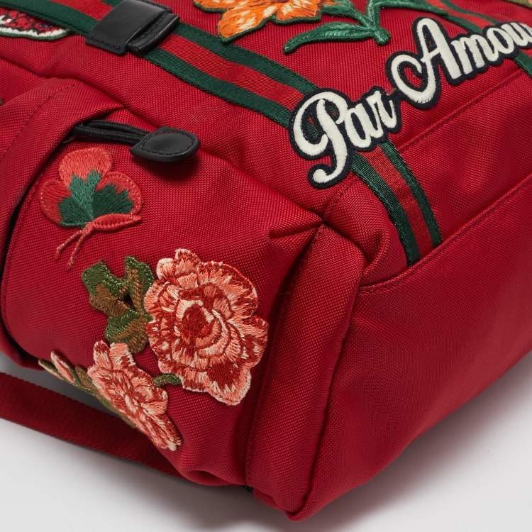 Pre Owned Gucci Red Nylon Web L'Aveugle Par Amour Embroidered Backpack 