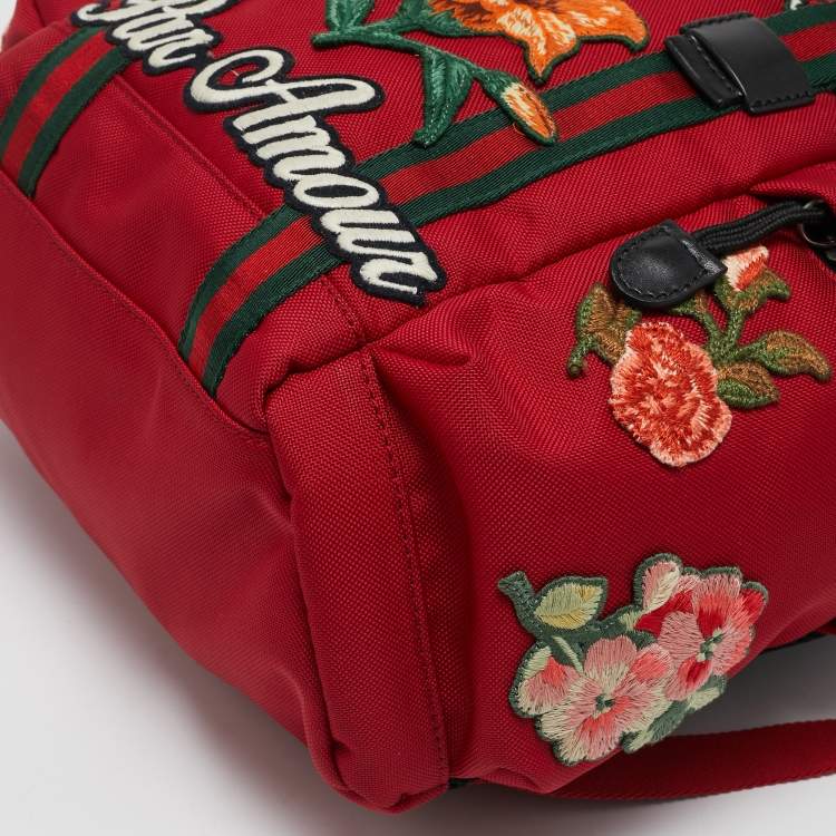 Pre Owned Gucci Red Nylon Web L'Aveugle Par Amour Embroidered Backpack 