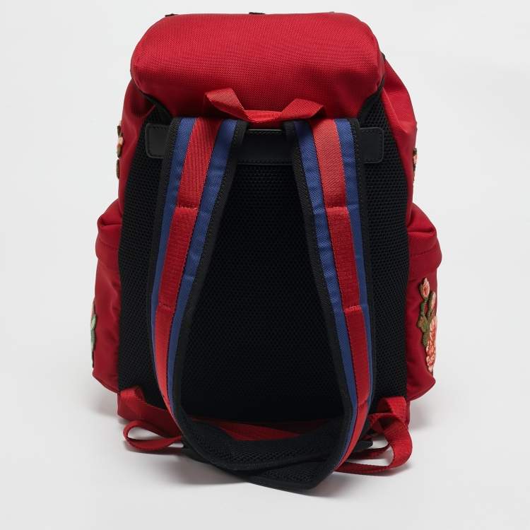 Pre Owned Gucci Red Nylon Web L'Aveugle Par Amour Embroidered Backpack 