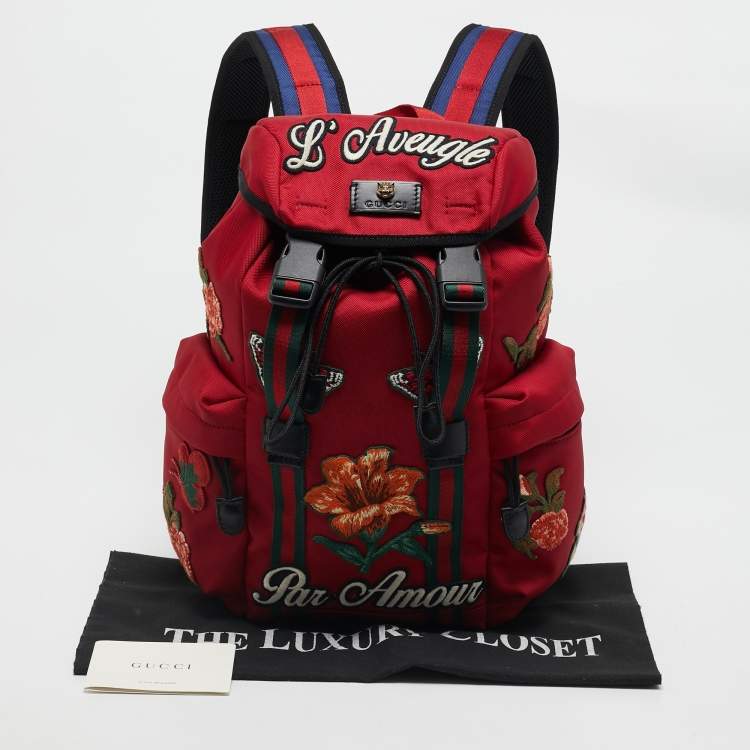 Pre Owned Gucci Red Nylon Web L'Aveugle Par Amour Embroidered Backpack 