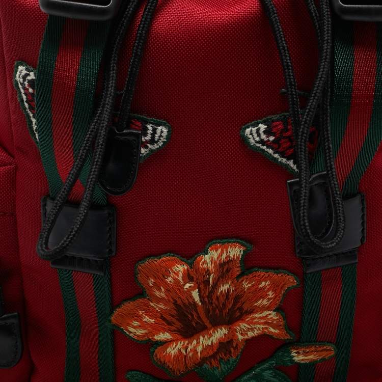 Pre Owned Gucci Red Nylon Web L'Aveugle Par Amour Embroidered Backpack 