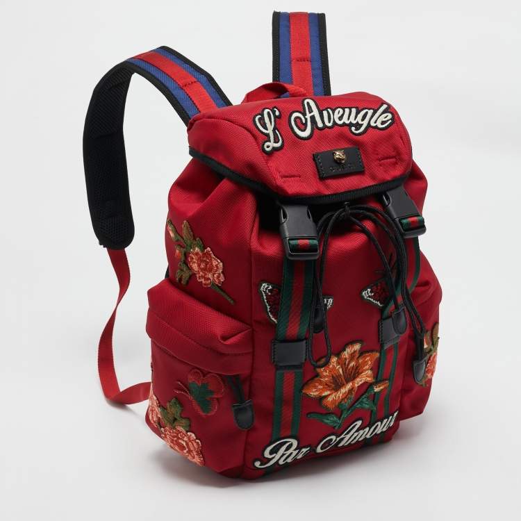 Pre Owned Gucci Red Nylon Web L'Aveugle Par Amour Embroidered Backpack 