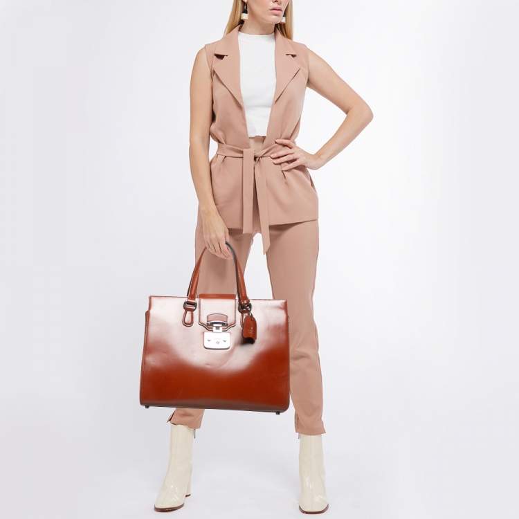 Pre Owned Gucci Brown Glazed Leather Large Lady Lock Top Handle Bag