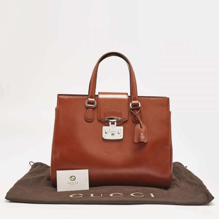 Pre Owned Gucci Brown Glazed Leather Large Lady Lock Top Handle Bag