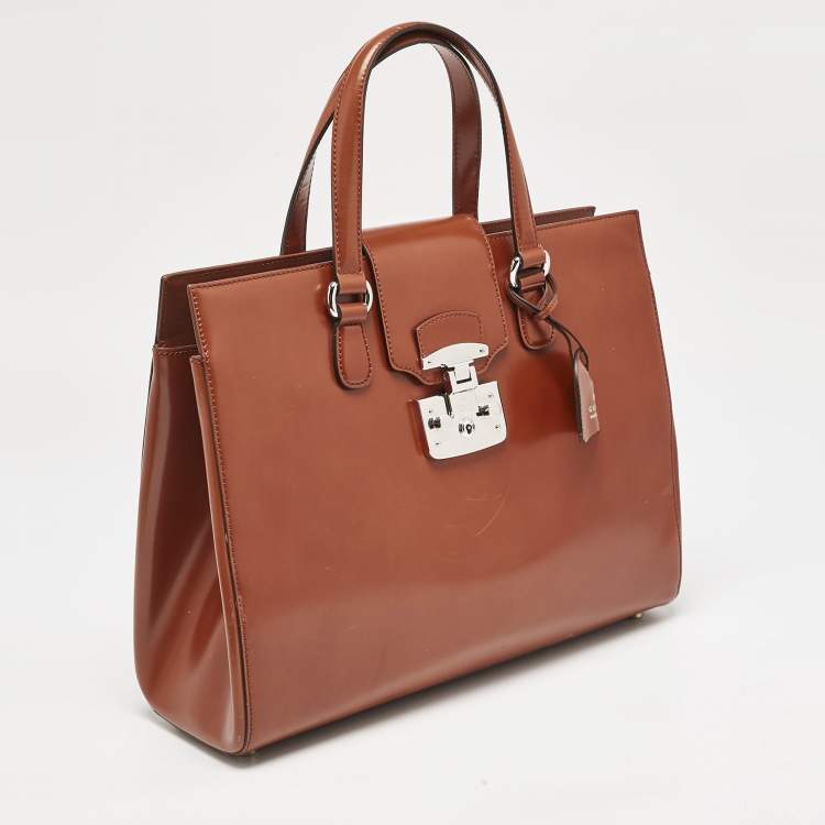 Pre Owned Gucci Brown Glazed Leather Large Lady Lock Top Handle Bag
