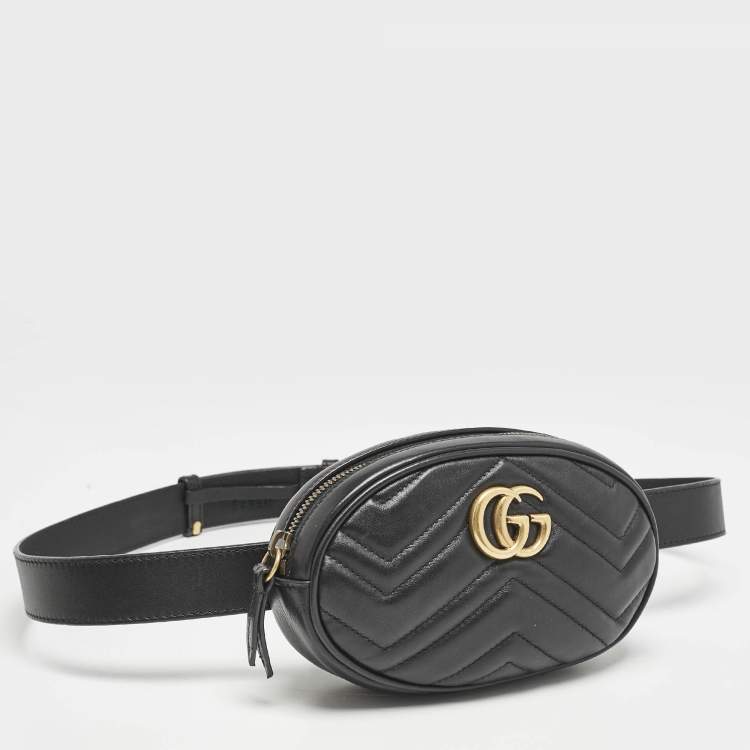 Pre Owned Gucci Black Matelassé Leather Mini GG Marmont Belt Bag
