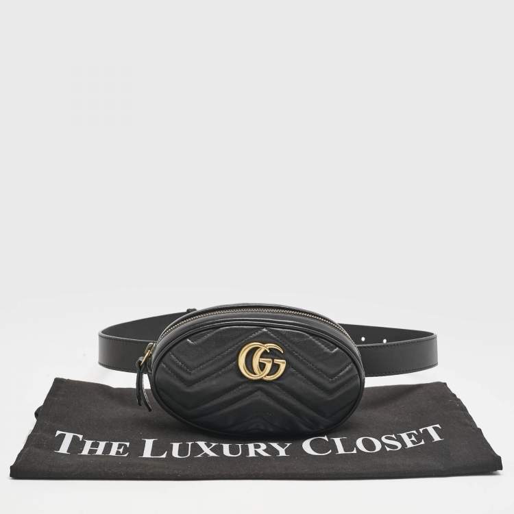 Pre Owned Gucci Black Matelassé Leather Mini GG Marmont Belt Bag