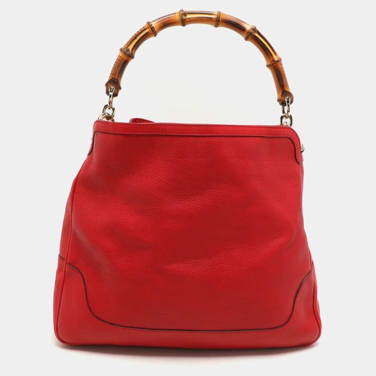 Pre Owned Gucci Red Leather Diana Bamboo Handle Hobo