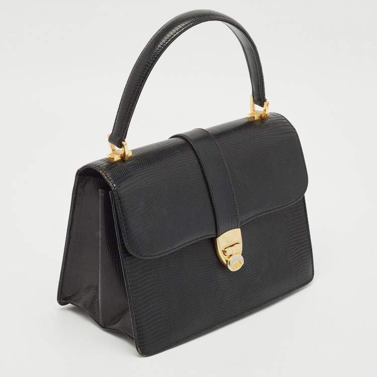 Pre Owned Gucci Black Lizard Vintage Top Handle Bag