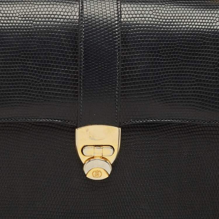 Pre Owned Gucci Black Lizard Vintage Top Handle Bag