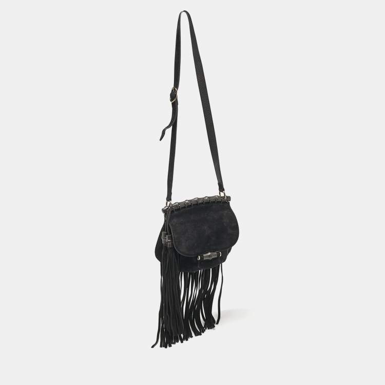 Pre Owned Gucci Black Suede Nouveau Fringe Crossbody Bag
