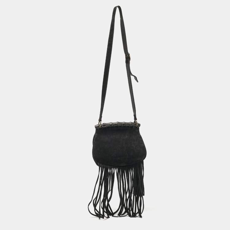 Pre Owned Gucci Black Suede Nouveau Fringe Crossbody Bag