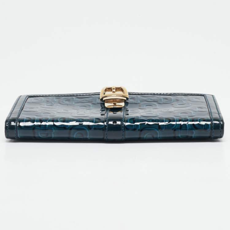 Pre Owned Gucci Blue Horsebit Embossed Patent Leather Buckle Flap Continental Wallet
