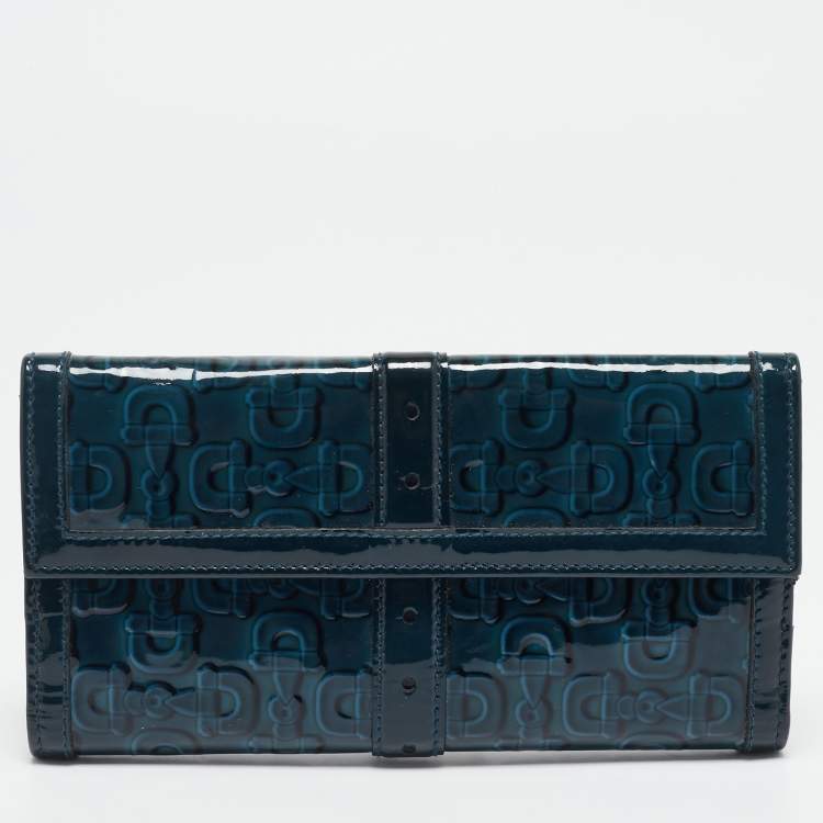 Pre Owned Gucci Blue Horsebit Embossed Patent Leather Buckle Flap Continental Wallet