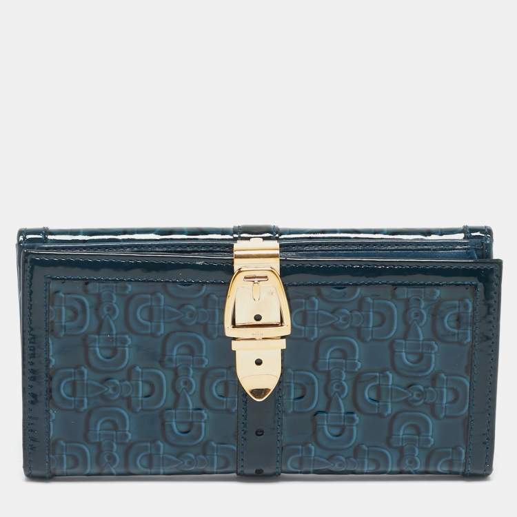 Pre Owned Gucci Blue Horsebit Embossed Patent Leather Buckle Flap Continental Wallet