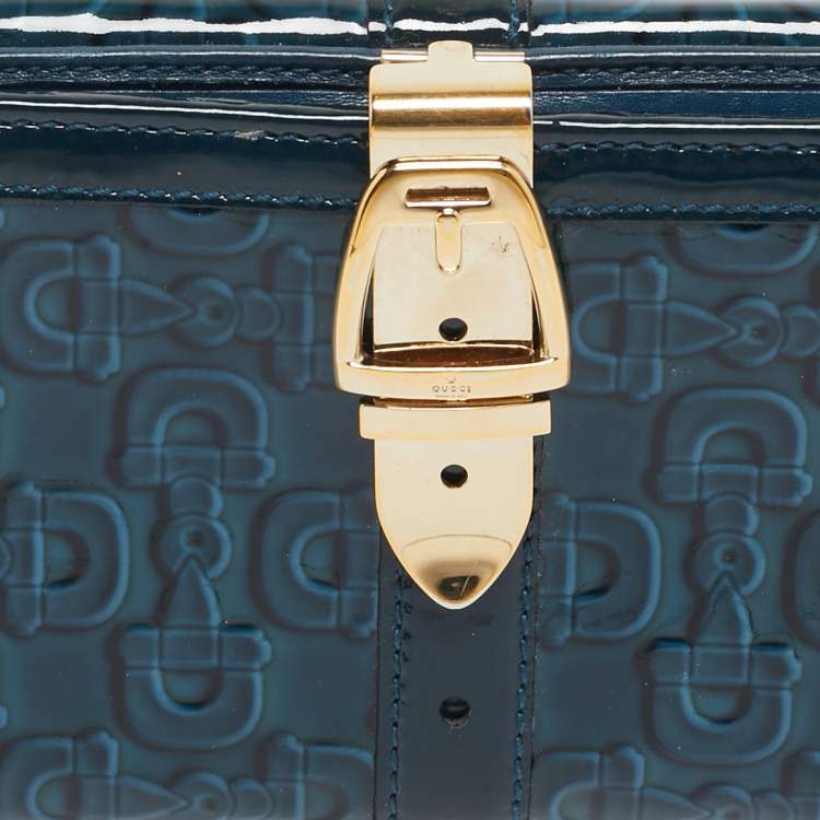 Pre Owned Gucci Blue Horsebit Embossed Patent Leather Buckle Flap Continental Wallet