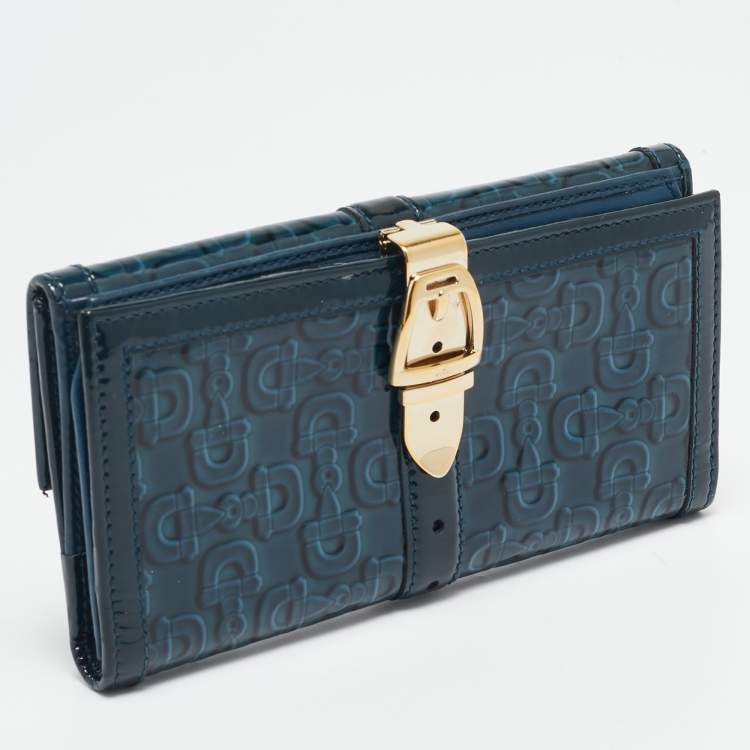 Pre Owned Gucci Blue Horsebit Embossed Patent Leather Buckle Flap Continental Wallet