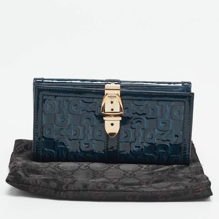 Pre Owned Gucci Blue Horsebit Embossed Patent Leather Buckle Flap Continental Wallet