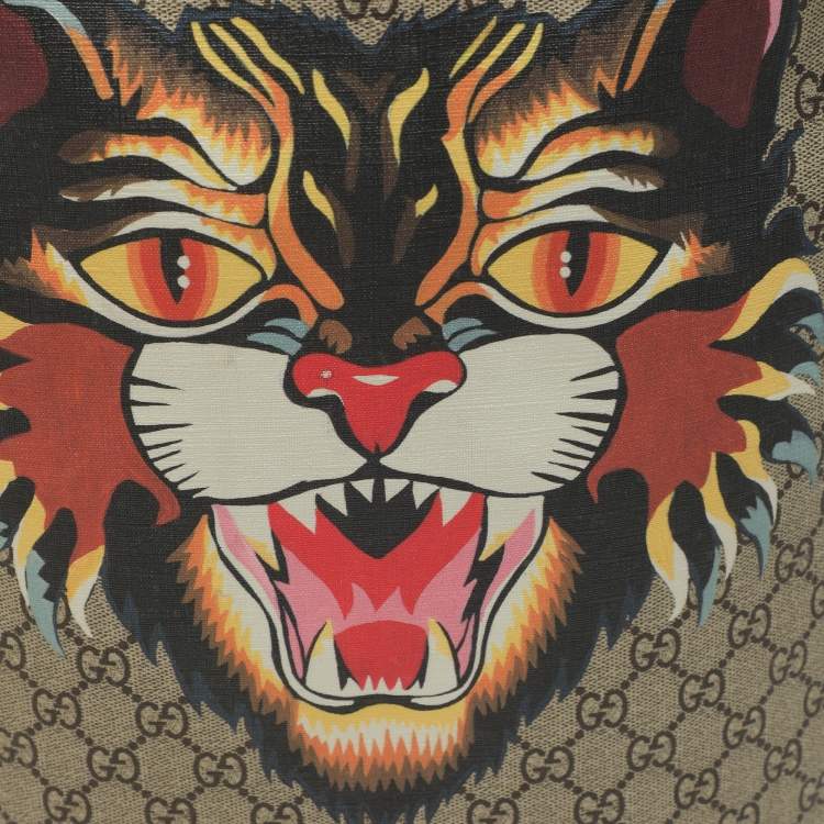 Pre Owned Gucci Beige GG Soft Supreme Canvas Angry Cat Print Backpacks