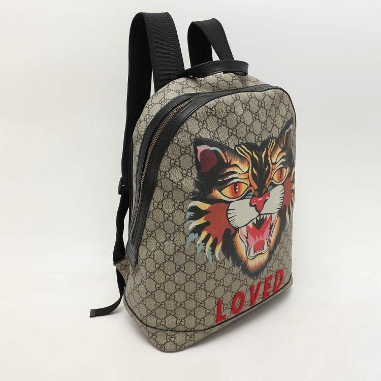 Pre Owned Gucci Beige GG Soft Supreme Canvas Angry Cat Print Backpacks