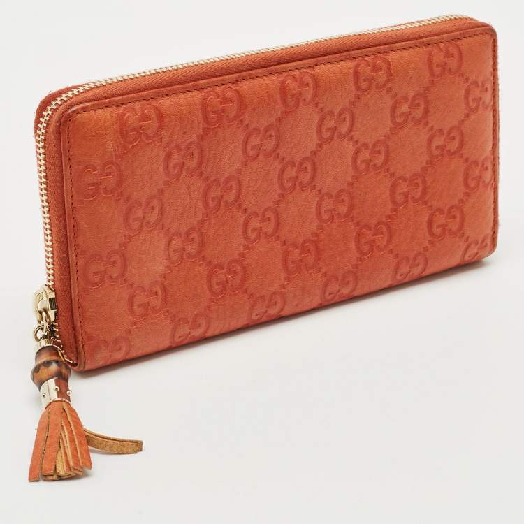 Pre Owned Gucci Orange Guccissima Leather Bamboo Tassel Zip Around Wallet