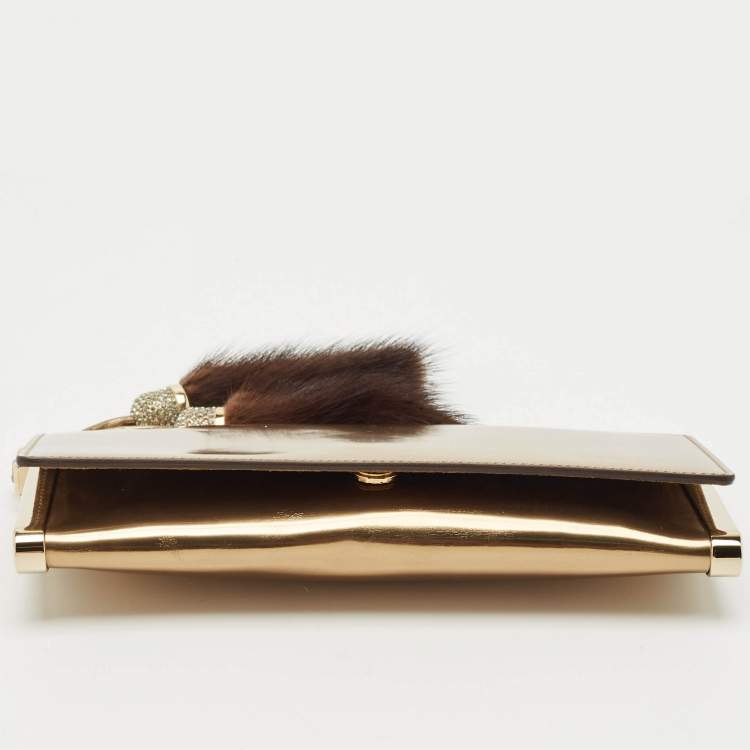 Pre Owned Gucci Gold Patent Leather Fur and Crystal Tassel Clutch