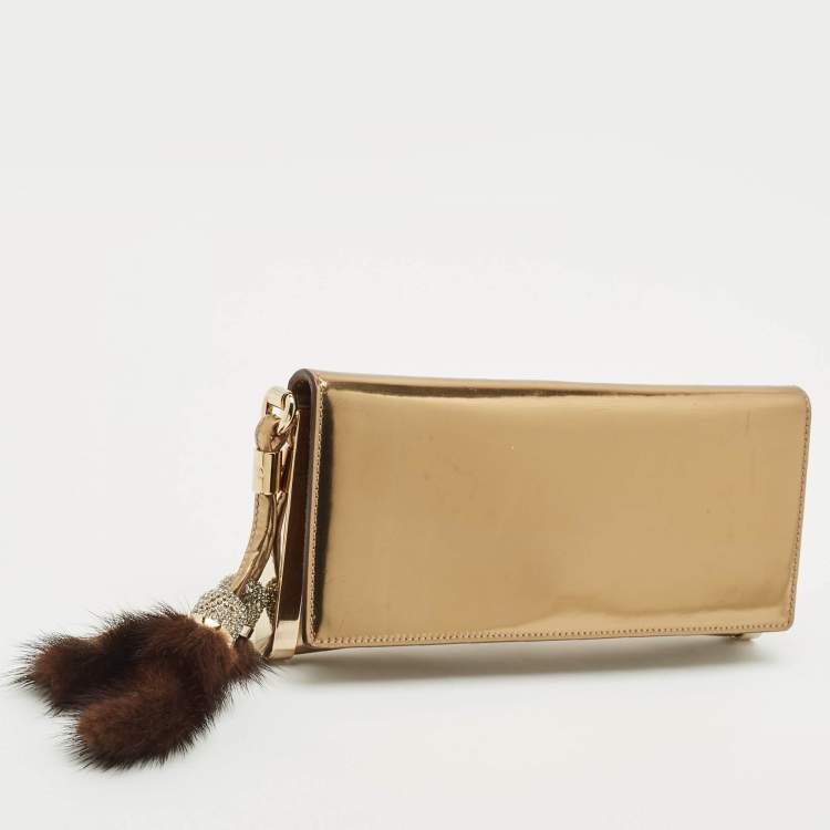 Pre Owned Gucci Gold Patent Leather Fur and Crystal Tassel Clutch