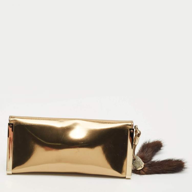 Pre Owned Gucci Gold Patent Leather Fur and Crystal Tassel Clutch
