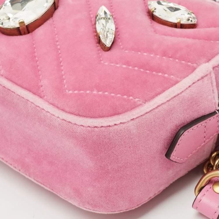 Pre Owned Gucci Pink Matelassé Velvet Mini Faux Diamond GG Marmont Camera Bag