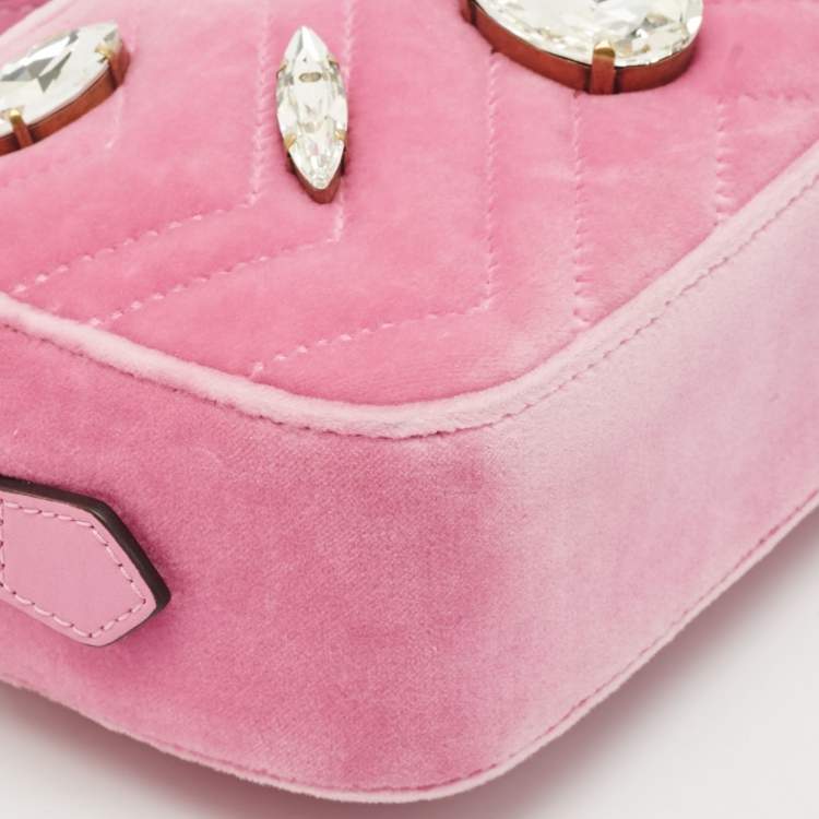 Pre Owned Gucci Pink Matelassé Velvet Mini Faux Diamond GG Marmont Camera Bag
