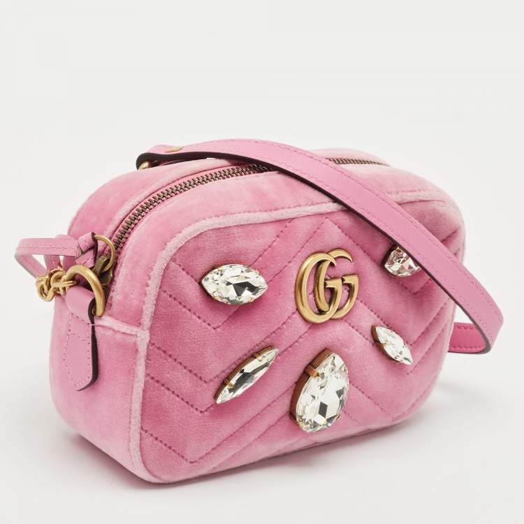 Pre Owned Gucci Pink Matelassé Velvet Mini Faux Diamond GG Marmont Camera Bag