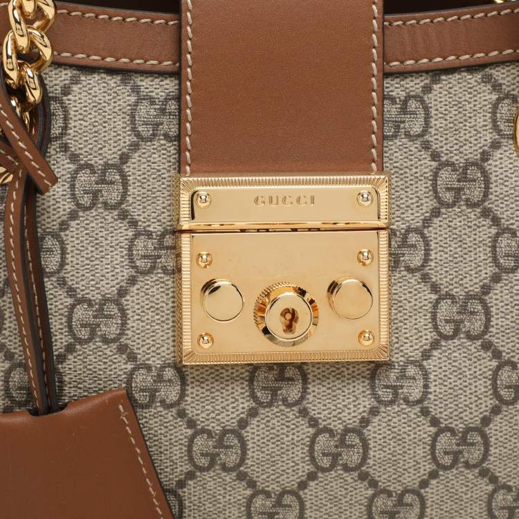 Pre Owned Gucci Brown/Beige GG Supreme Canvas and Leather Small Padlock Shoulder Bag