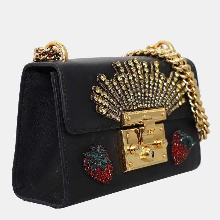 Pre Owned Gucci Black Embellished Leather Strawberry Small Padlock Shoulder Bag