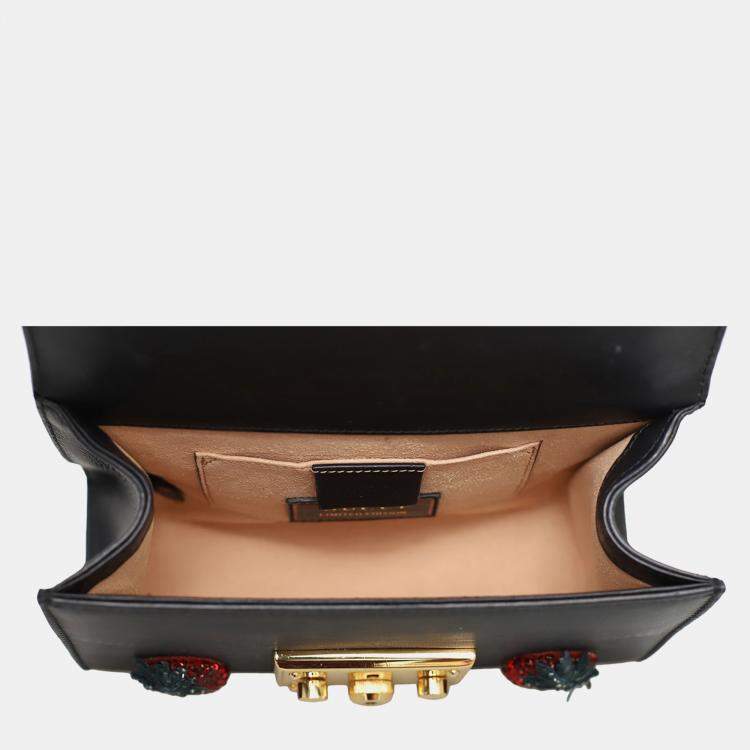 Pre Owned Gucci Black Embellished Leather Strawberry Small Padlock Shoulder Bag