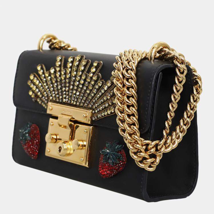 Pre Owned Gucci Black Embellished Leather Strawberry Small Padlock Shoulder Bag