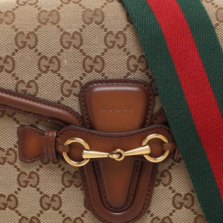 Pre Owned Gucci Beige/Brown GG Canvas and Leather Lady Web Flap Crossbody Bag