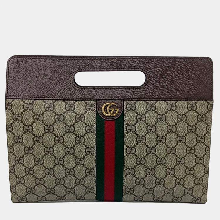 Pre Owned Gucci Beige Brown Canvas and Leather Ophidia handle clutch bag