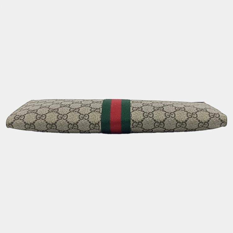 Pre Owned Gucci Beige Brown Canvas and Leather Ophidia handle clutch bag