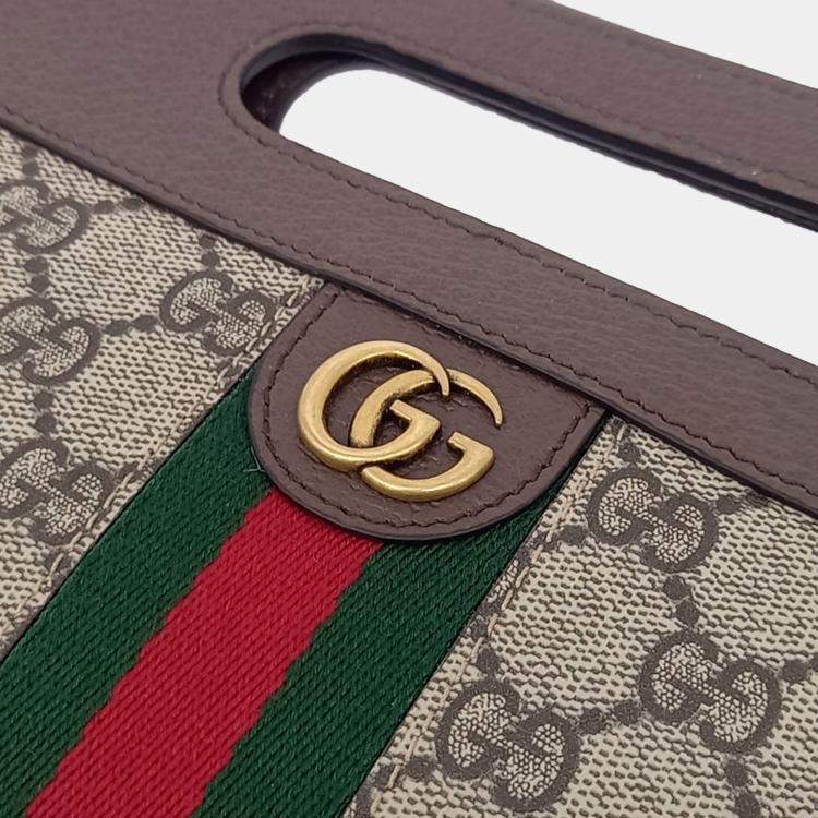 Pre Owned Gucci Beige Brown Canvas and Leather Ophidia handle clutch bag