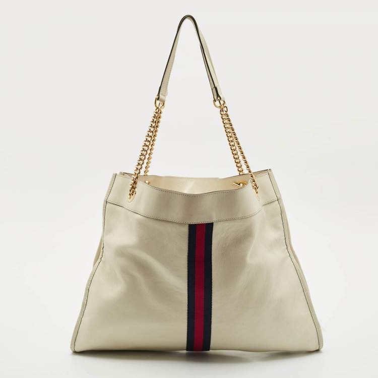 Pre Owned Gucci Off White Leather Large Web Rajah Tote