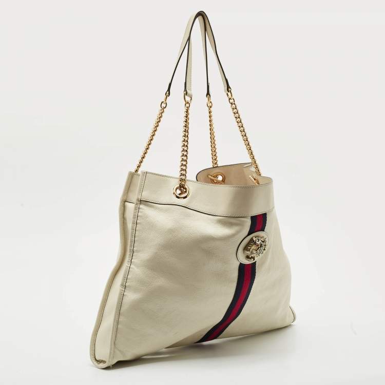 Pre Owned Gucci Off White Leather Large Web Rajah Tote