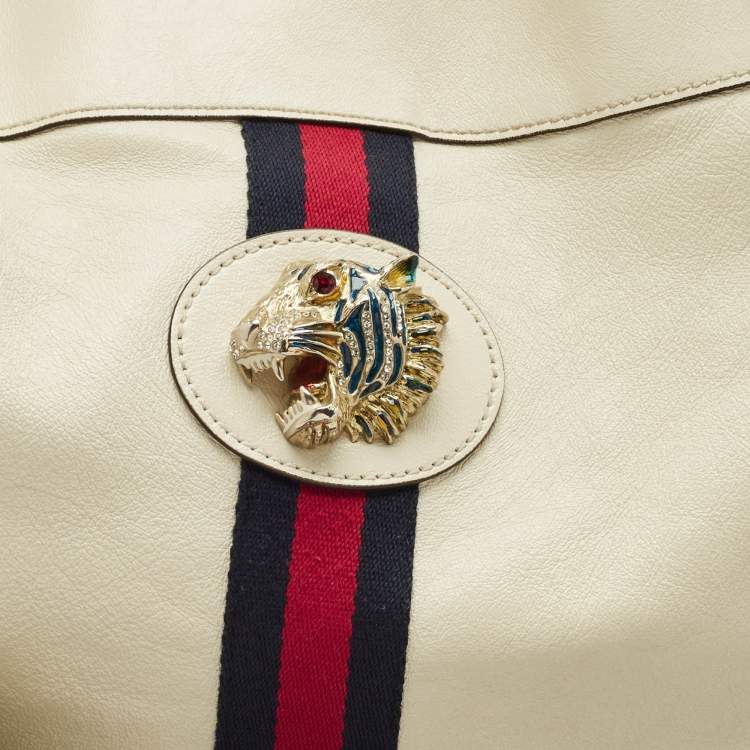 Pre Owned Gucci Off White Leather Large Web Rajah Tote