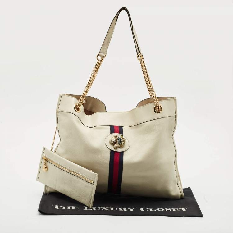 Pre Owned Gucci Off White Leather Large Web Rajah Tote