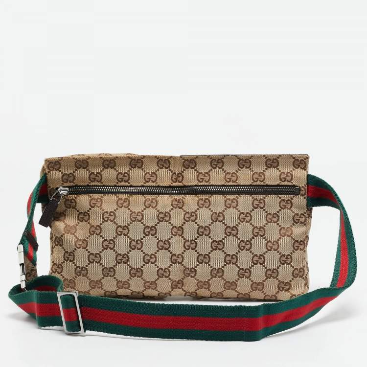 Pre Owned Gucci Dark Brown/Beige GG Canvas Web Double Pocket Belt Bag