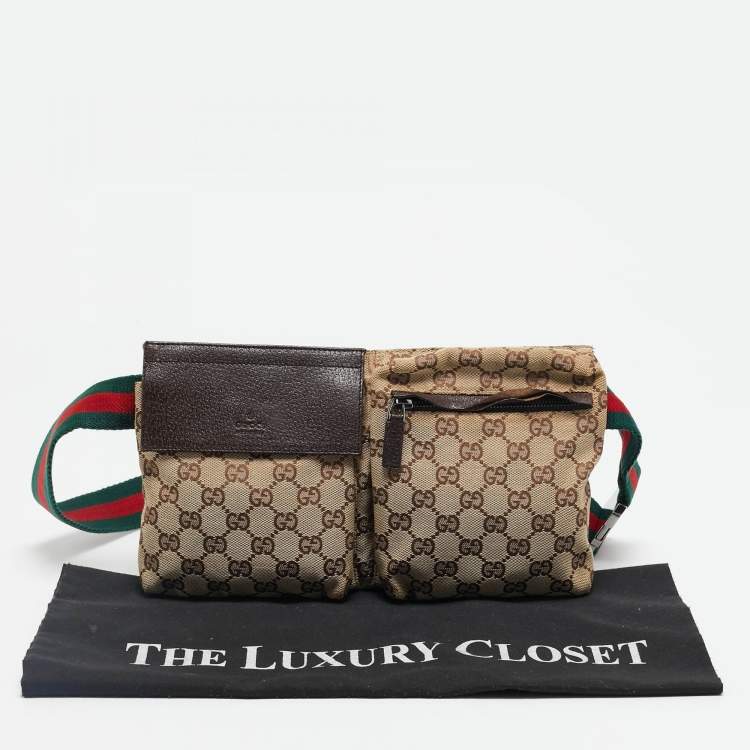 Pre Owned Gucci Dark Brown/Beige GG Canvas Web Double Pocket Belt Bag