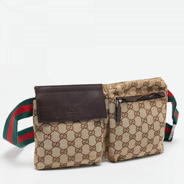 Pre Owned Gucci Dark Brown/Beige GG Canvas Web Double Pocket Belt Bag