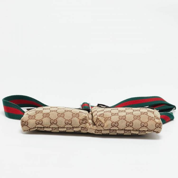 Pre Owned Gucci Dark Brown/Beige GG Canvas Web Double Pocket Belt Bag